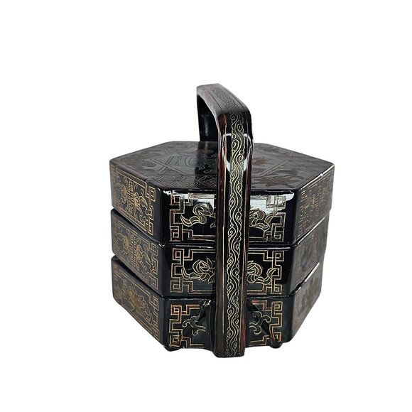 Vintage Lacquered Hexagonal Lunch Box Handle Intricate Gold Detailing Yi Lin Art - Picture 8 of 13